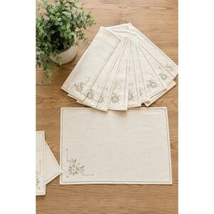 Vintage Embroidered Placemats Set 10 Linen Floral Hemstitch Table Linens Cottage